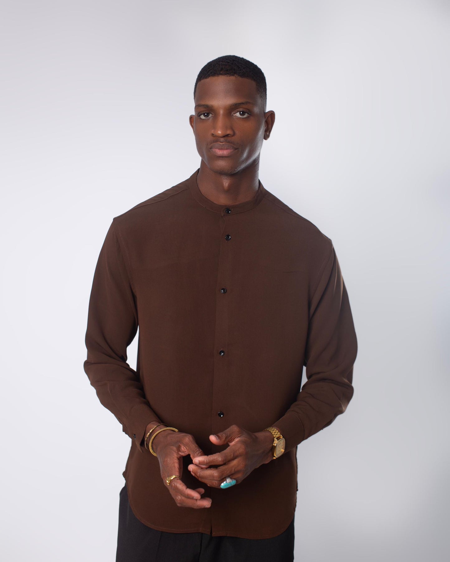 Plain brown band collar long sleeve shirt