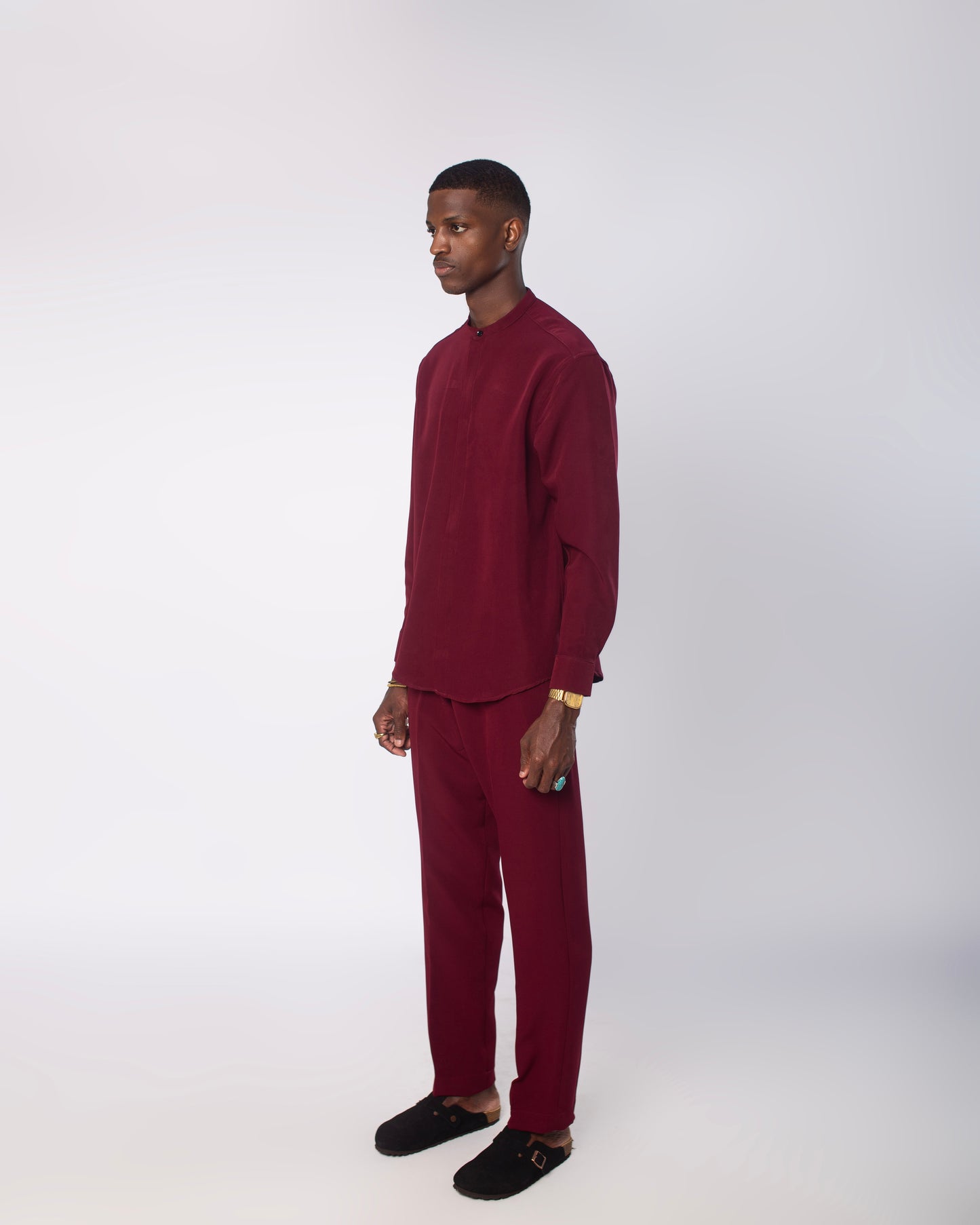 Wine invisible button long sleeve set