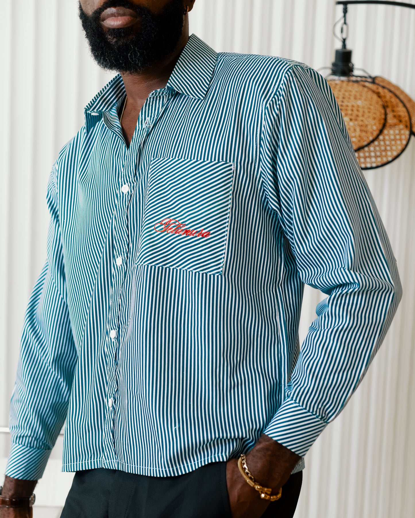 Green stripe long sleeve shirt x black linen pants
