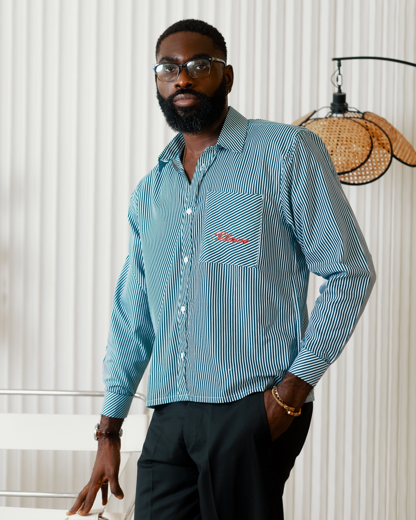 Green stripe long sleeve shirt x black linen pants