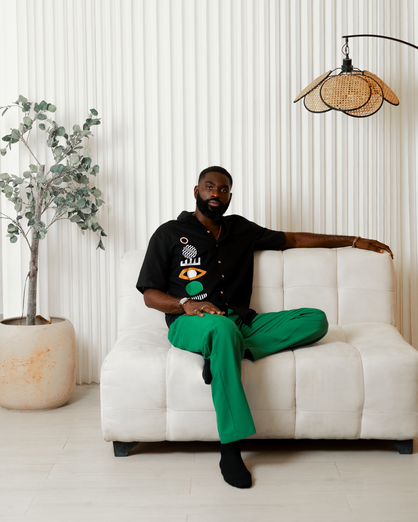 Black boho art short sleeve shirt x green linen pants