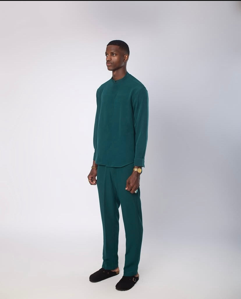 Green band collar long sleeve set