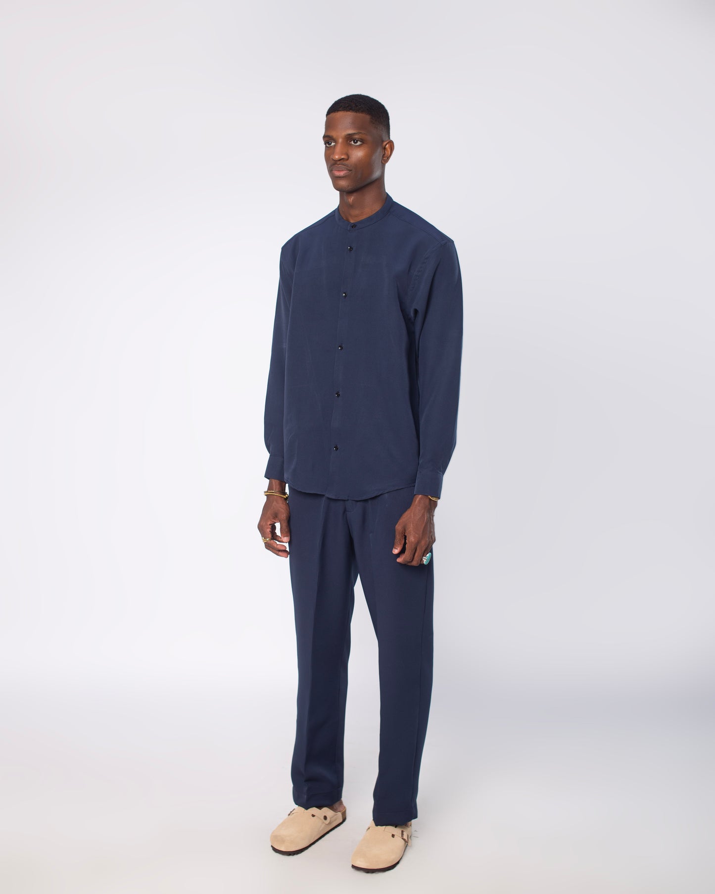 Navy blue band collar long sleeve set