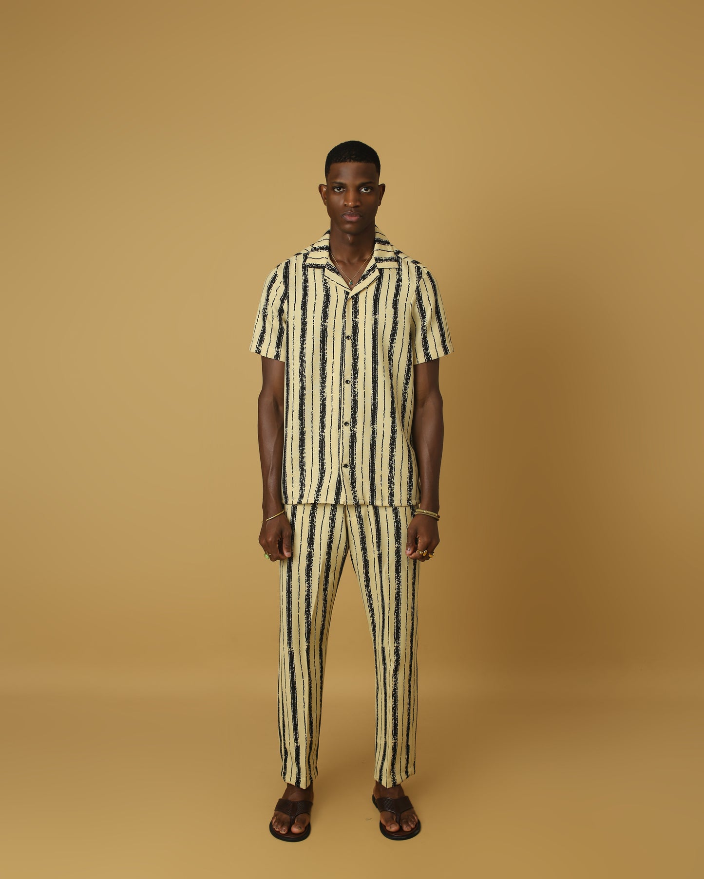 Beige black stripe short sleeve set
