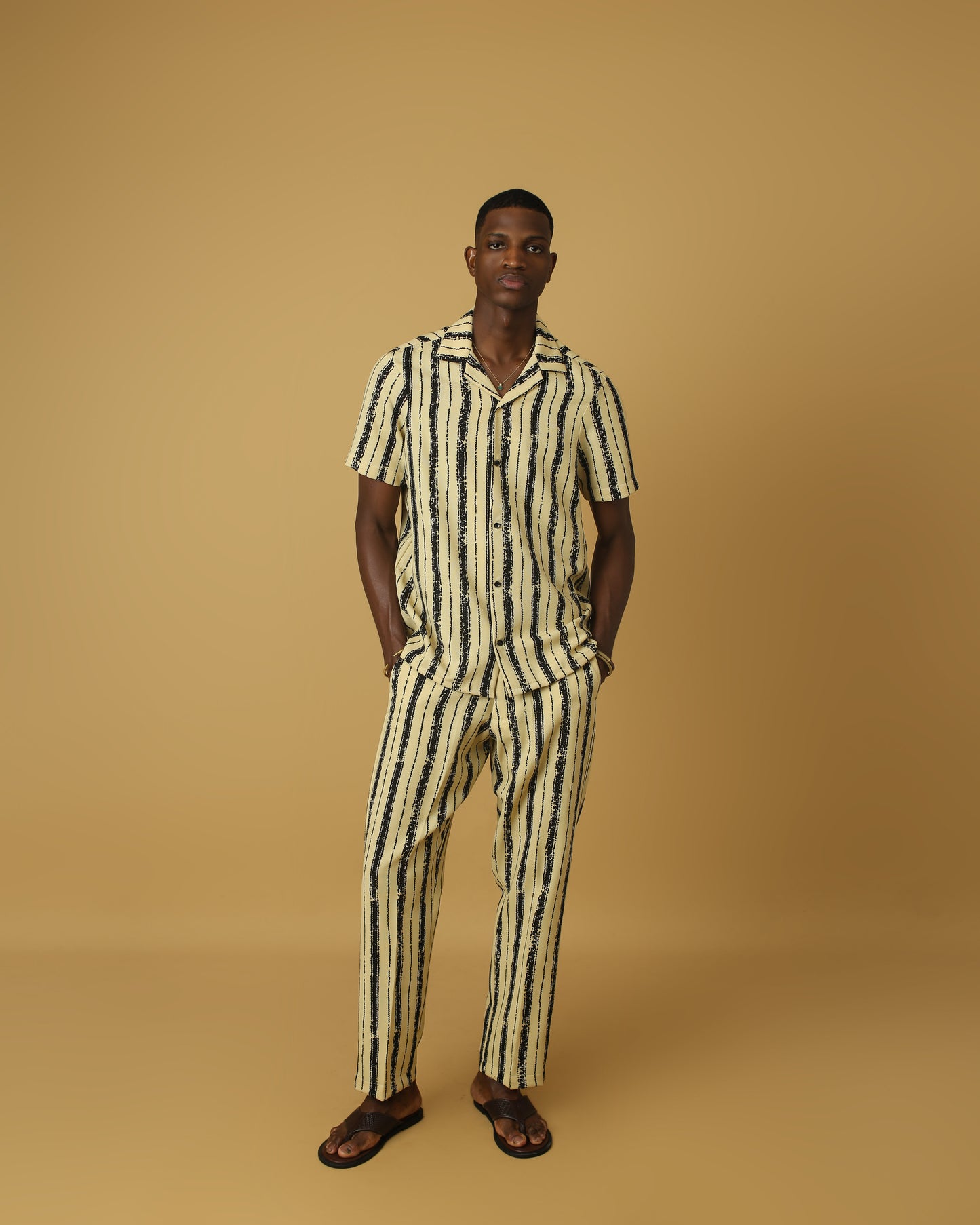 Beige black stripe short sleeve set
