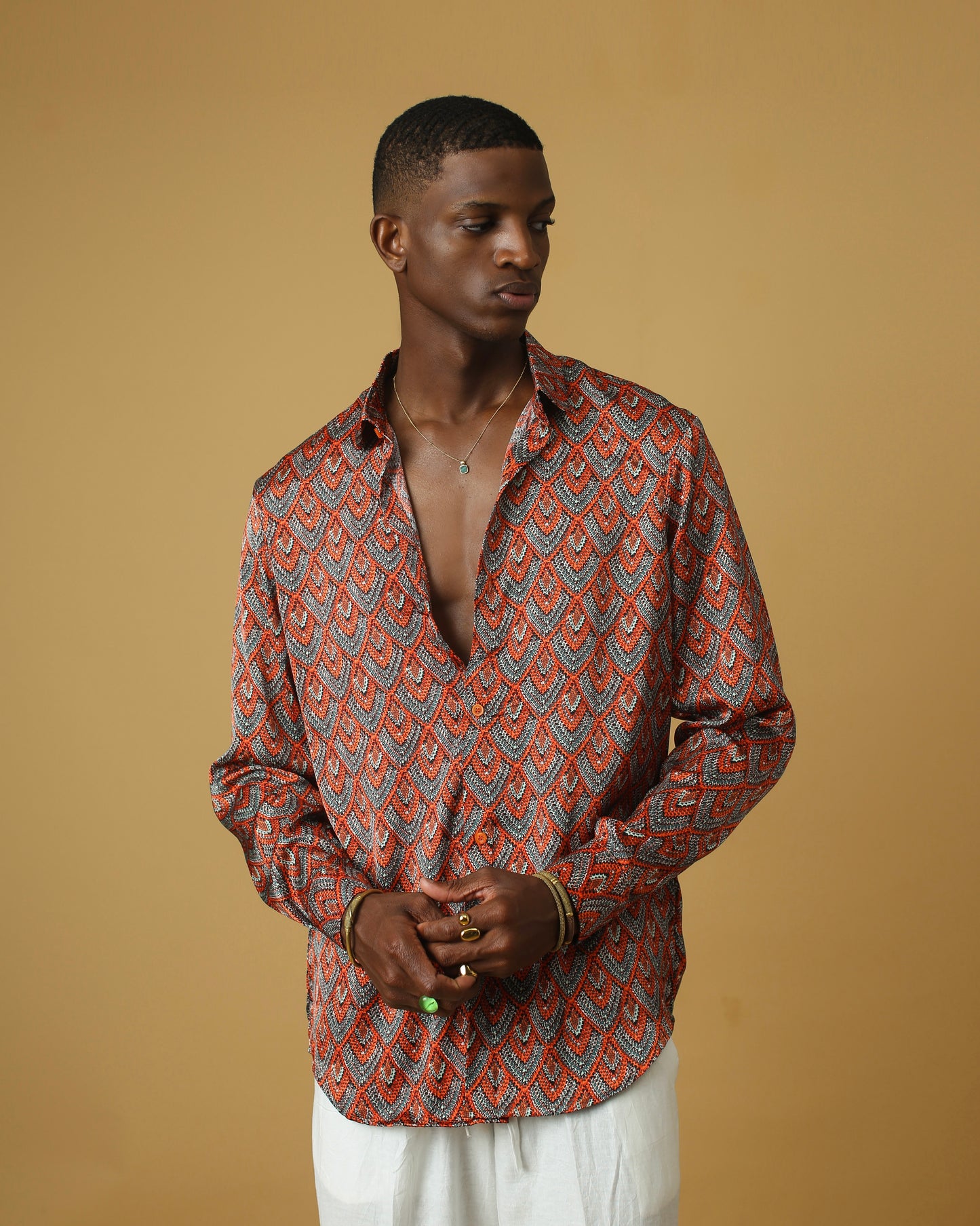 Wine orange black silk shirt