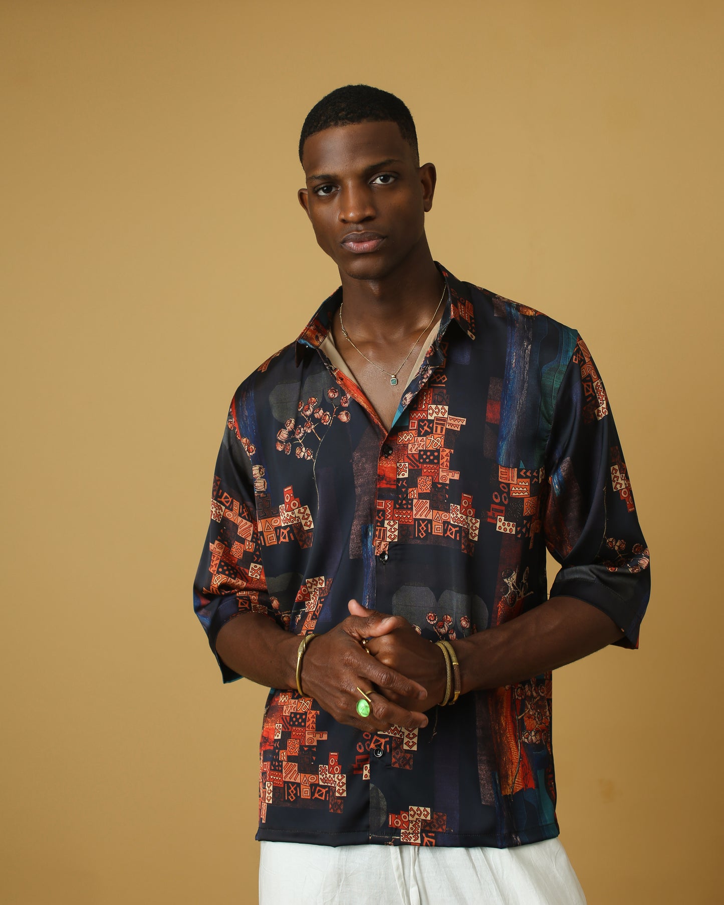 Blue orange geometry silk shirt