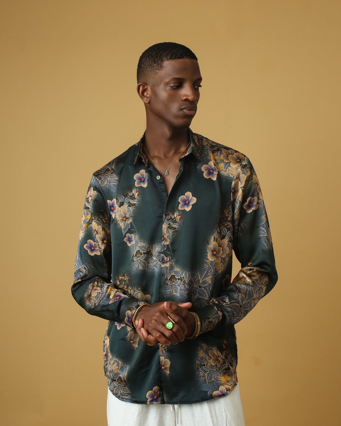 Deep green cream floral silk shirt.