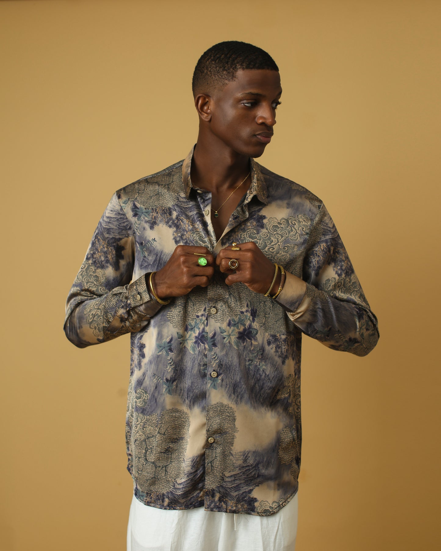 Cream blue nature silk shirt.