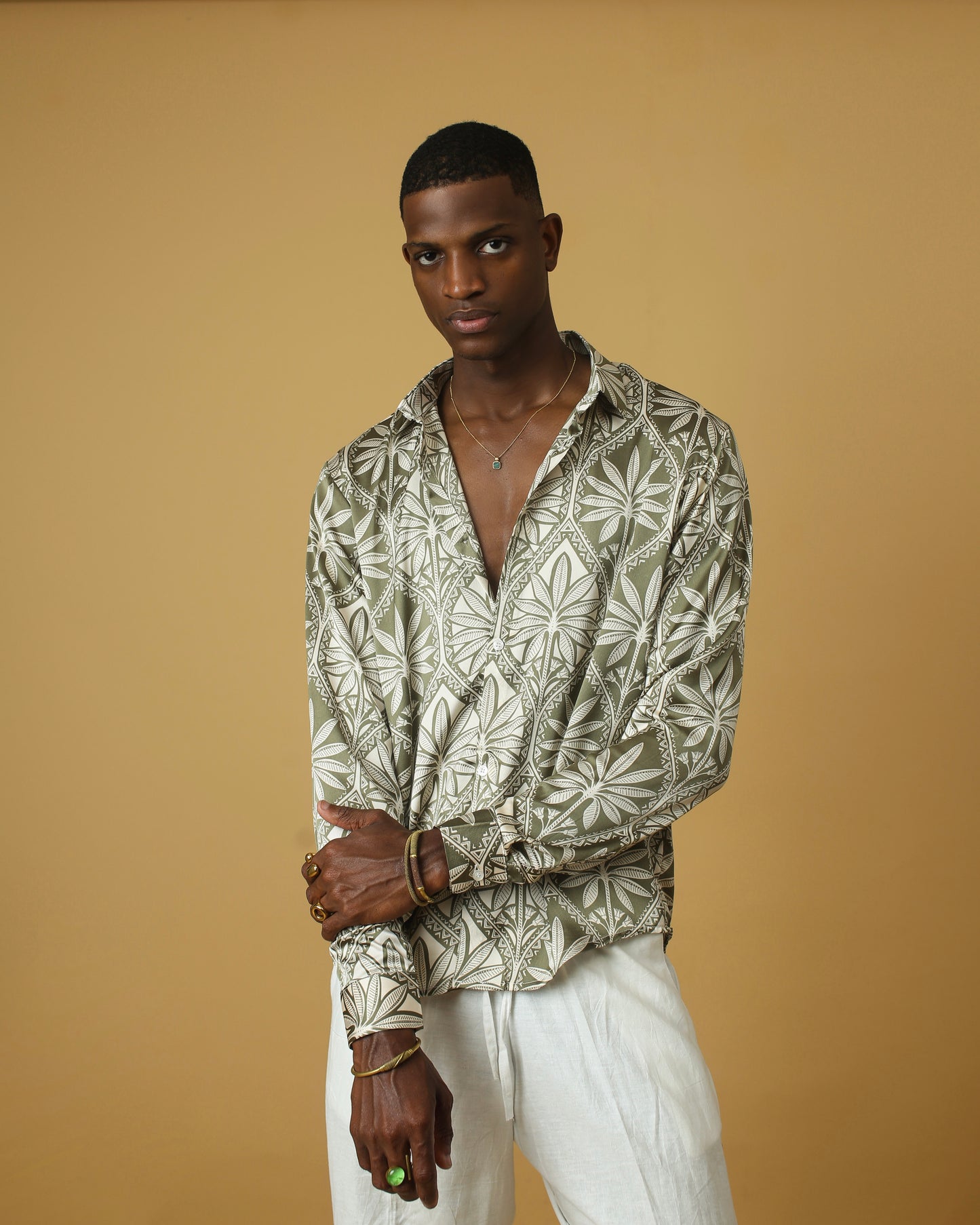 Light green white leaf print silk shirt