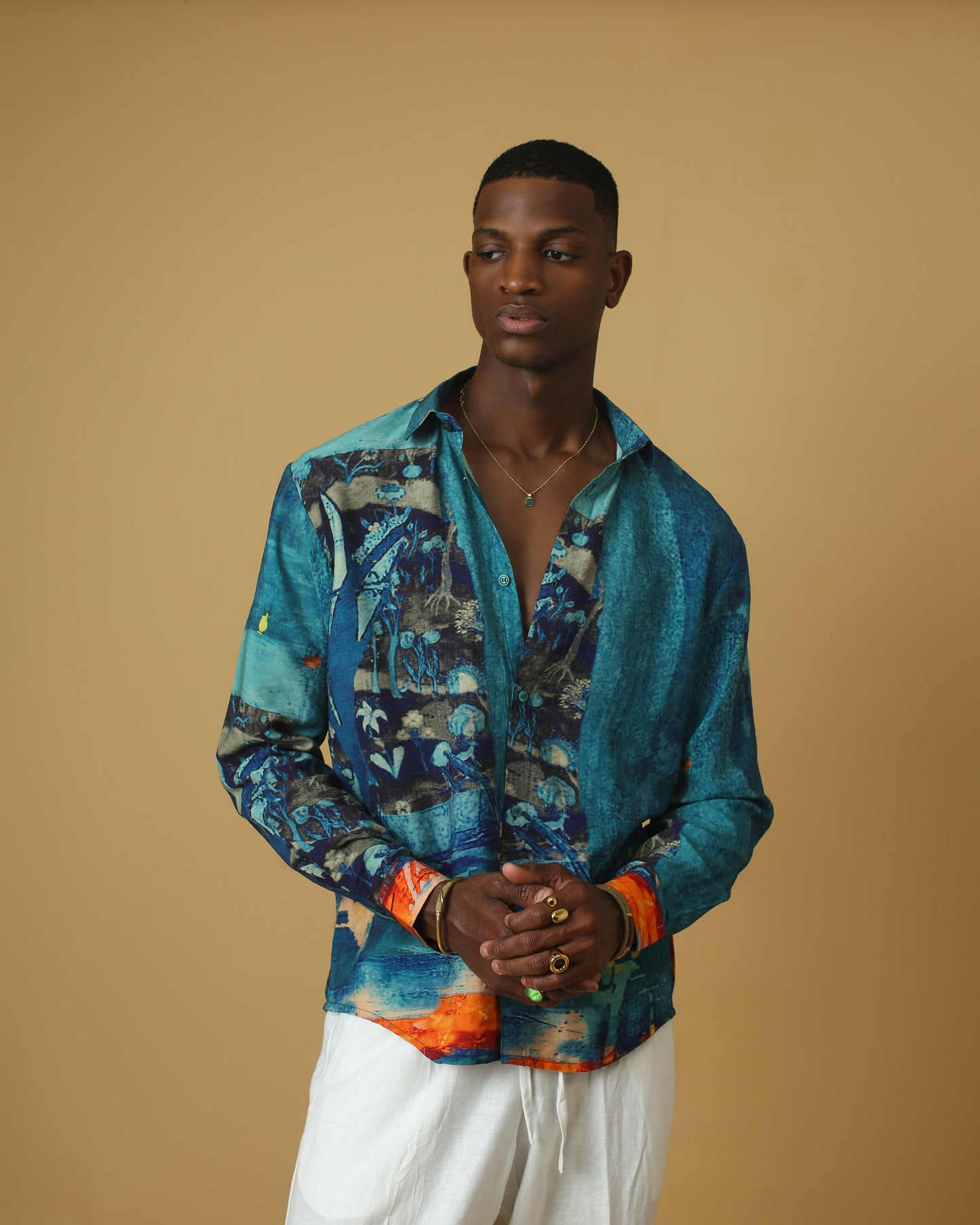 Blue orange silk shirt.