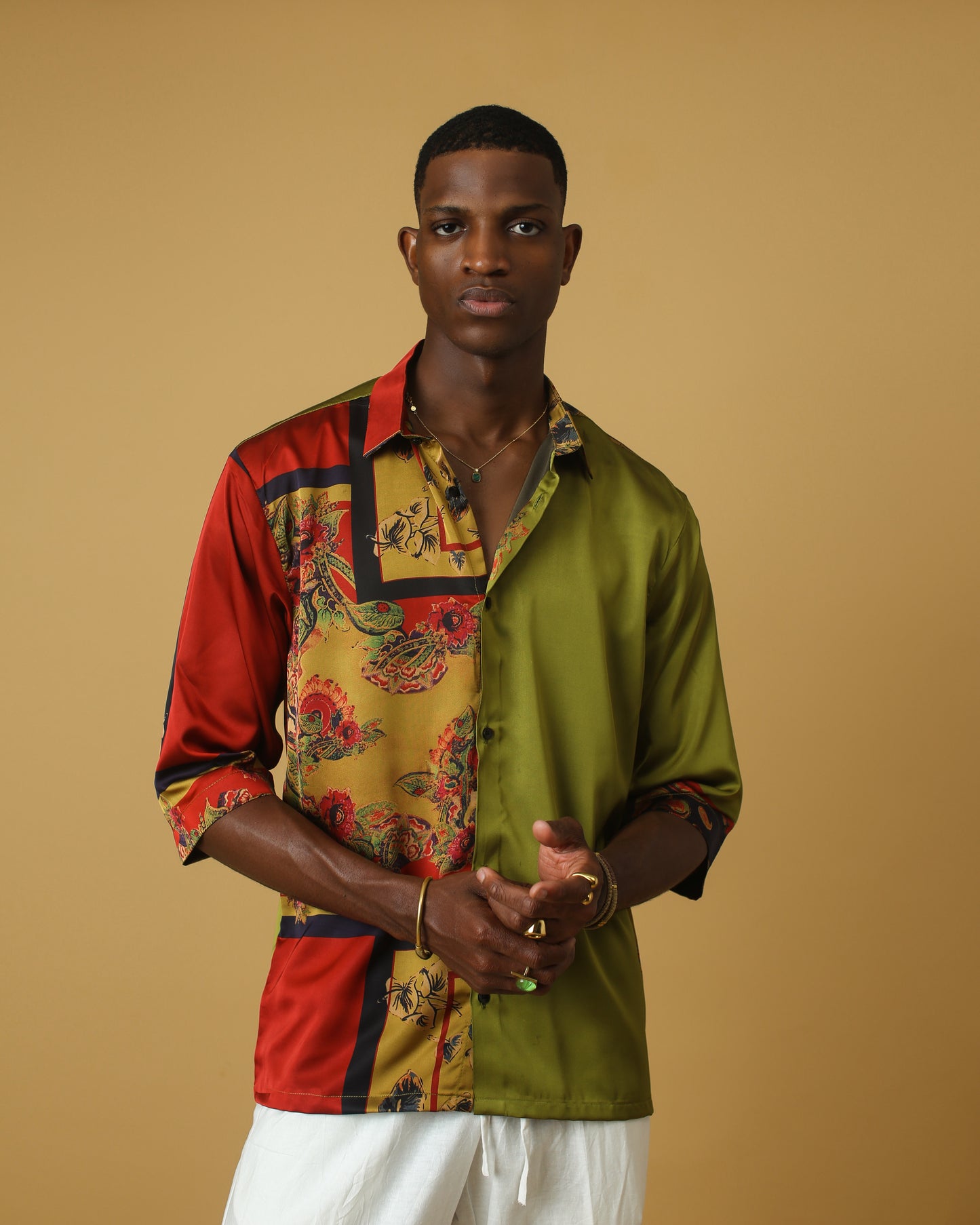 Half green half red yellow silk shirt