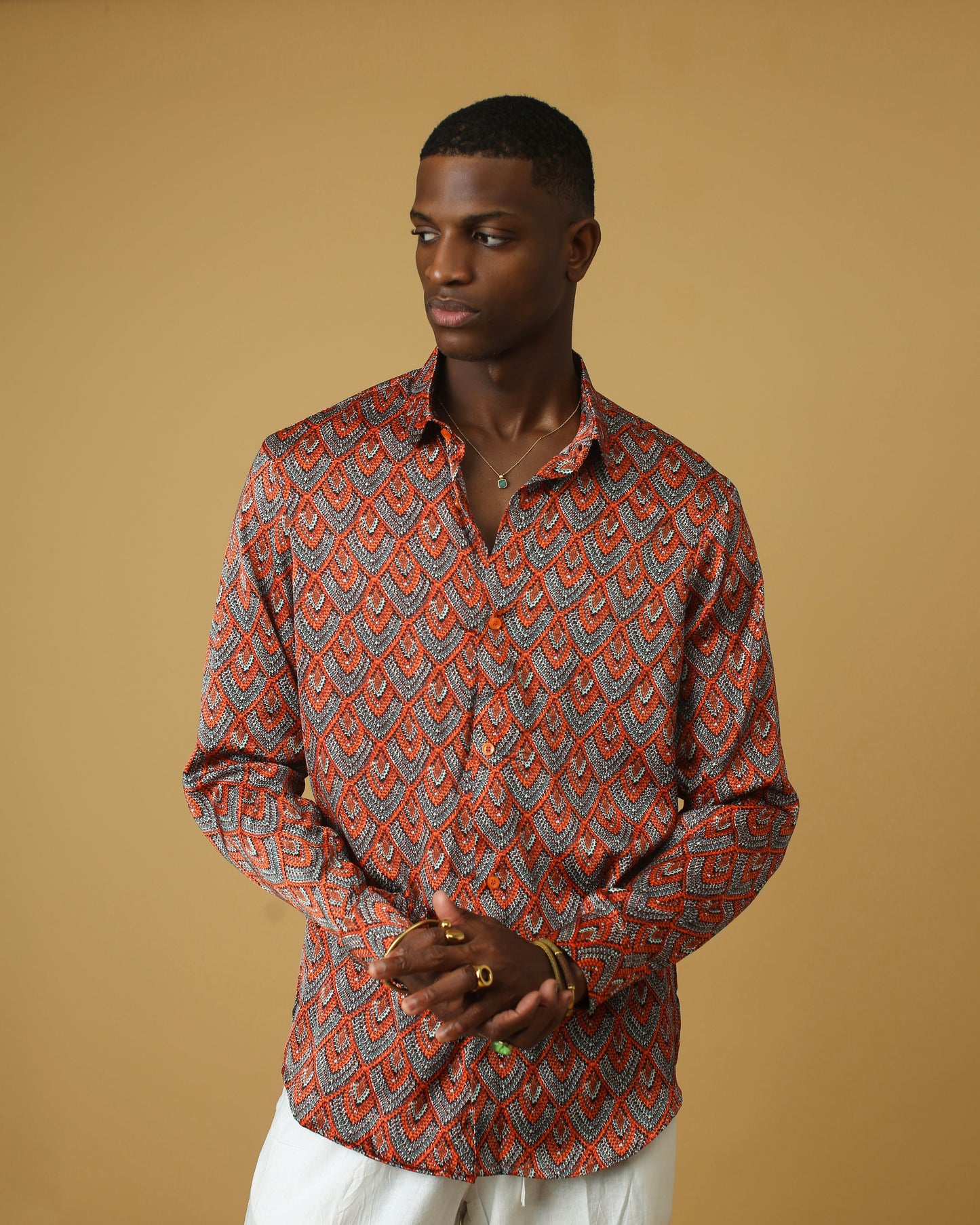 Wine orange black silk shirt