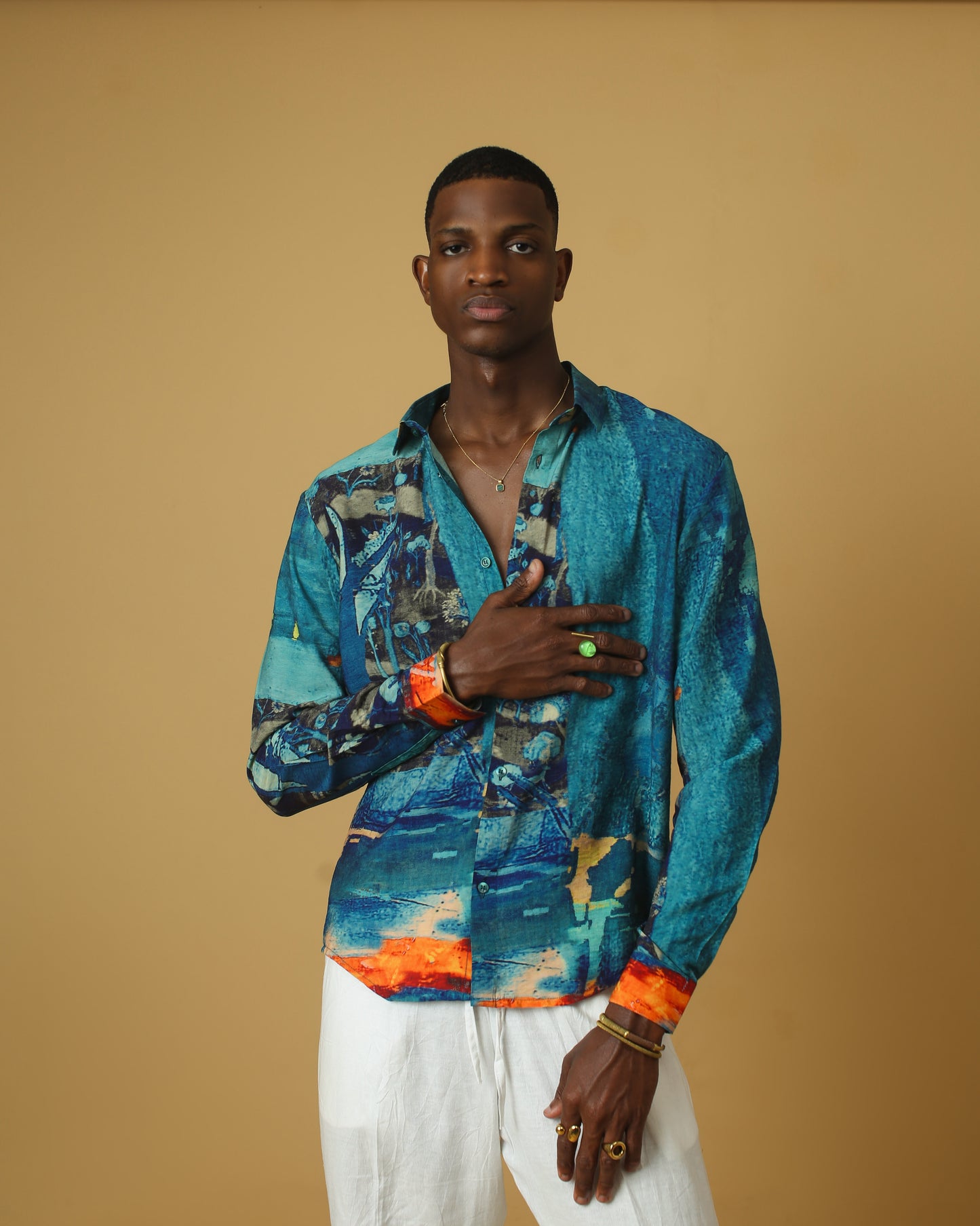 Blue orange silk shirt.