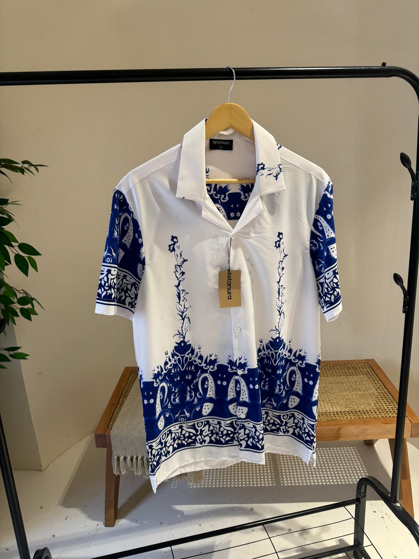White blue tribal print shirt