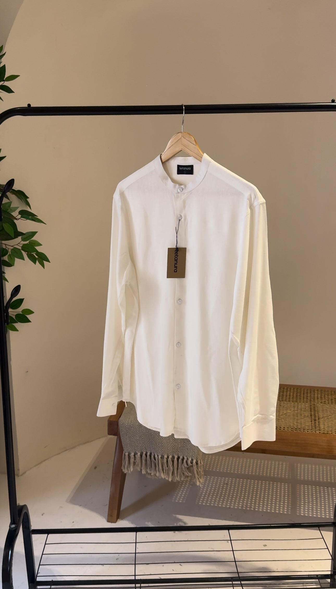 Plain off white band collar linen shirt