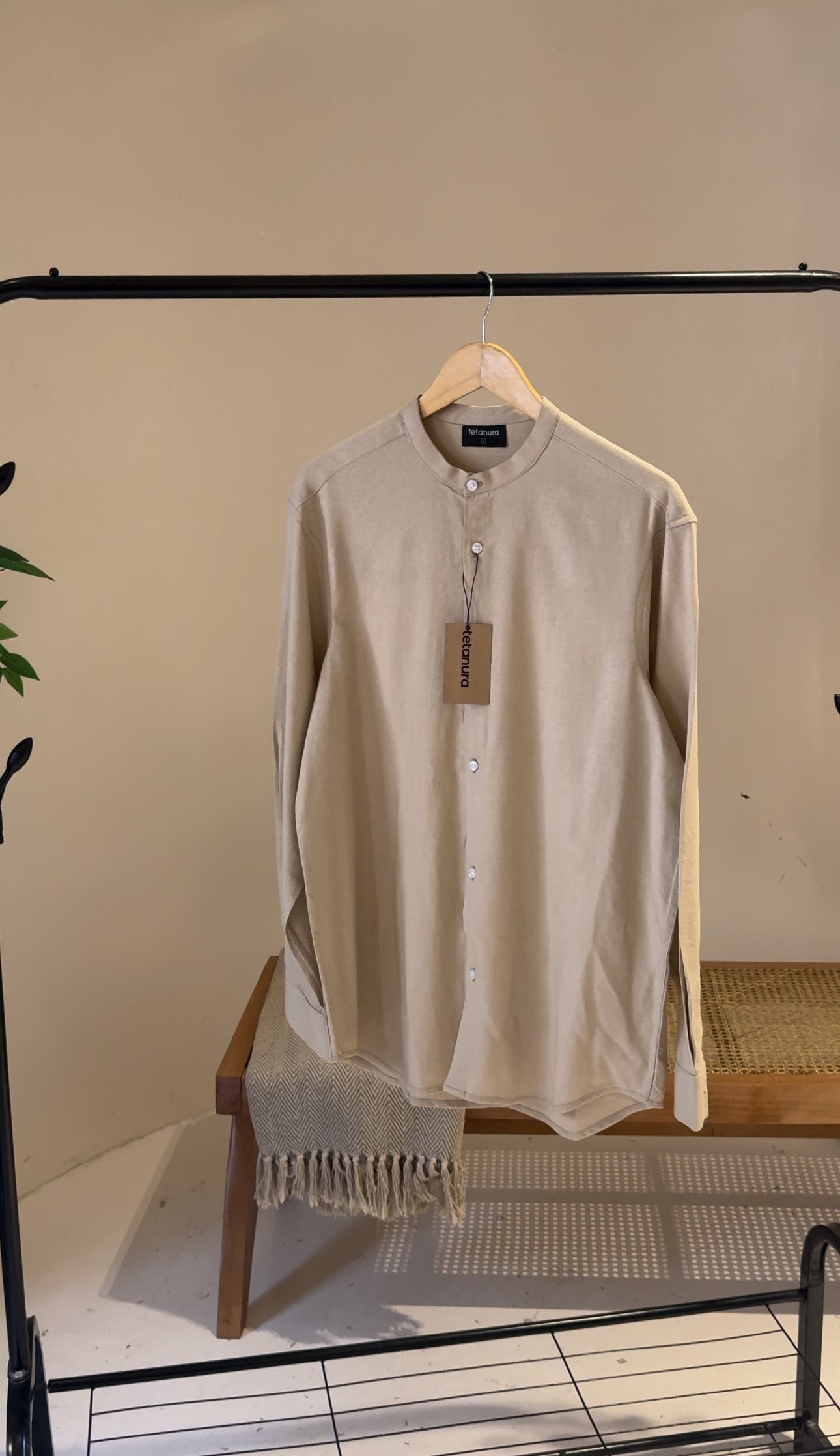 Plain beige band collar linen shirt