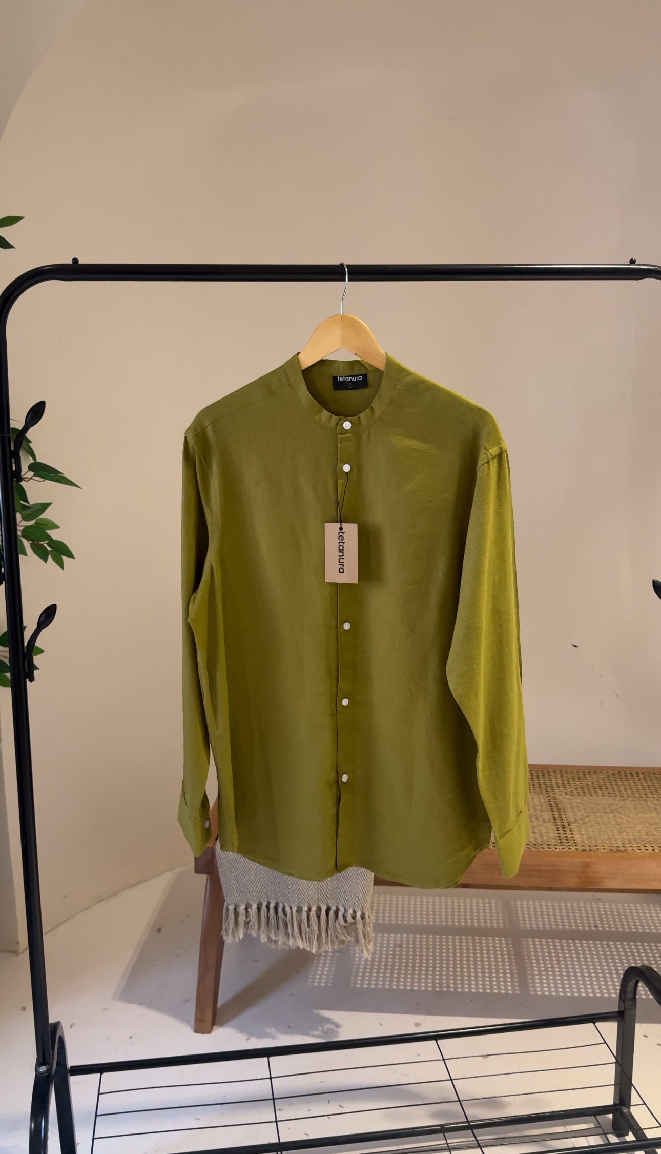 Plain olive green band collar linen shirt