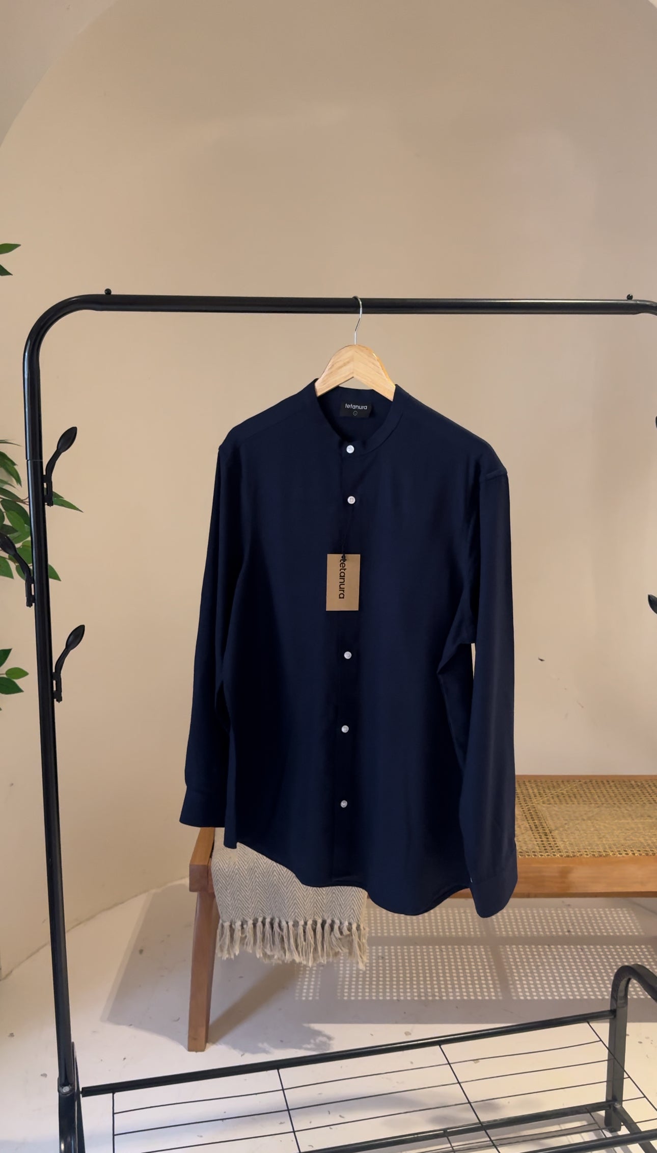 Plain navy blue band collar linen shirt
