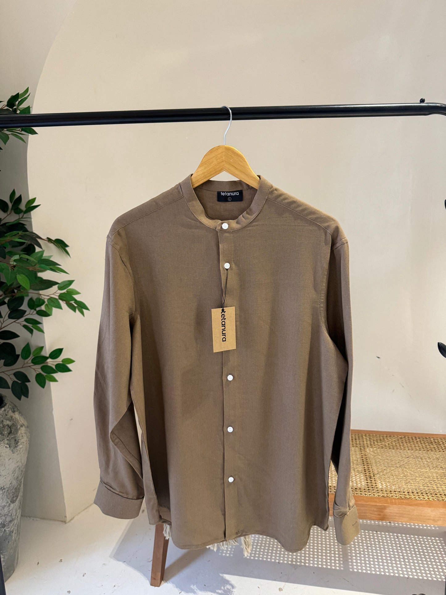 Plain khaki band collar linen shirt