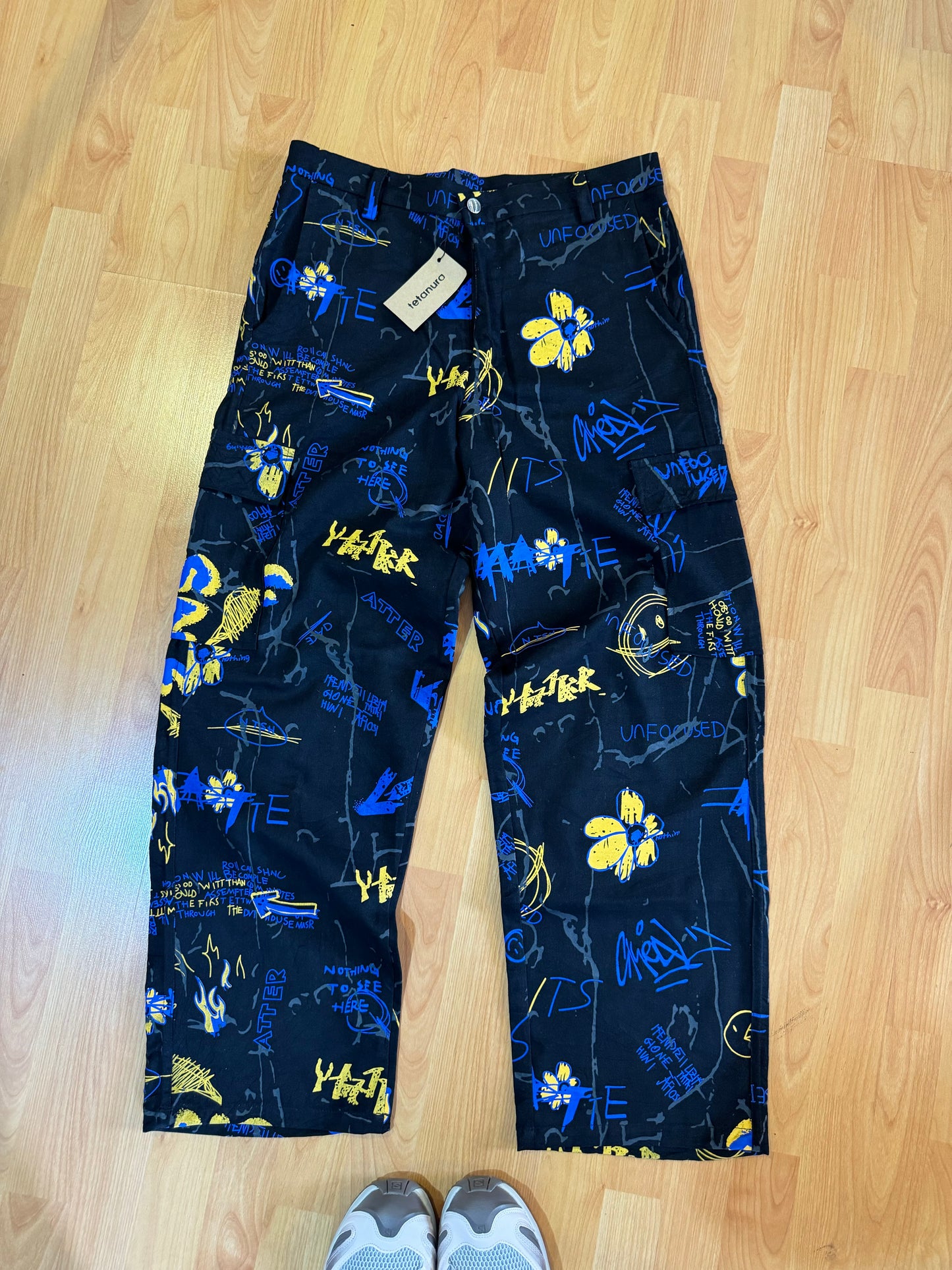 Yellow blue graphic print pants