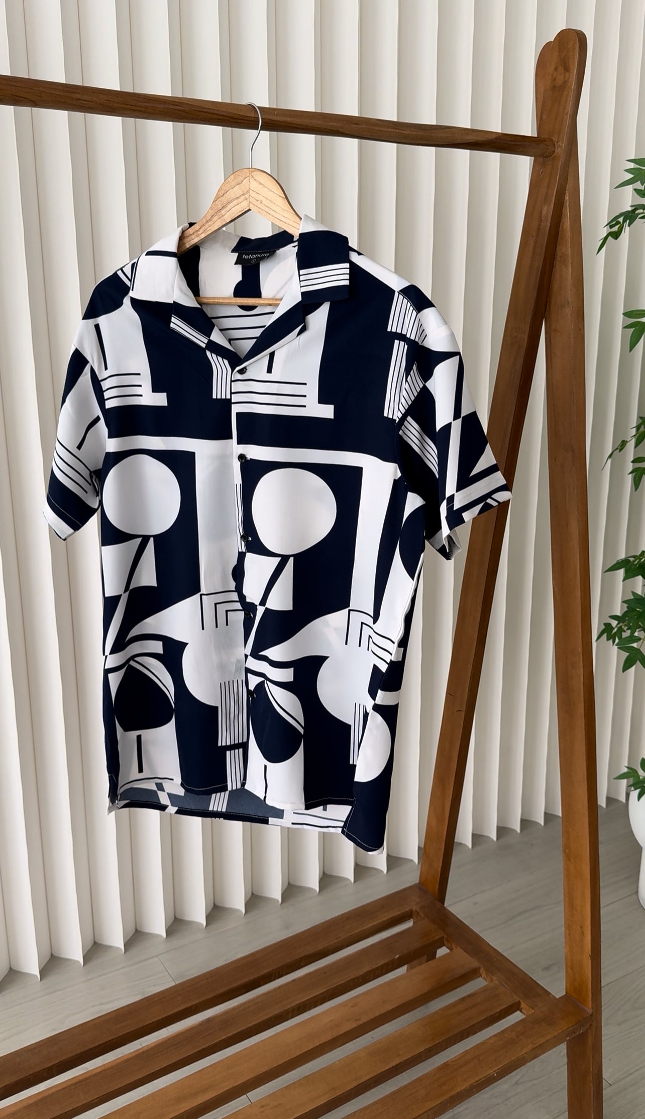 Blue white abstract print shirt