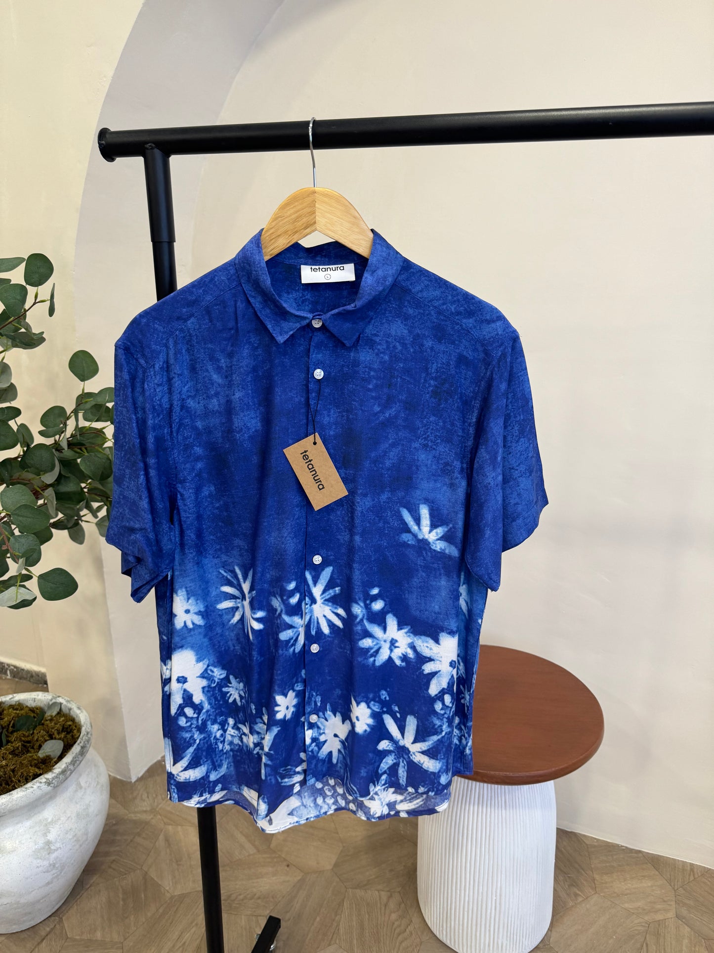 Blue white palm print shirt