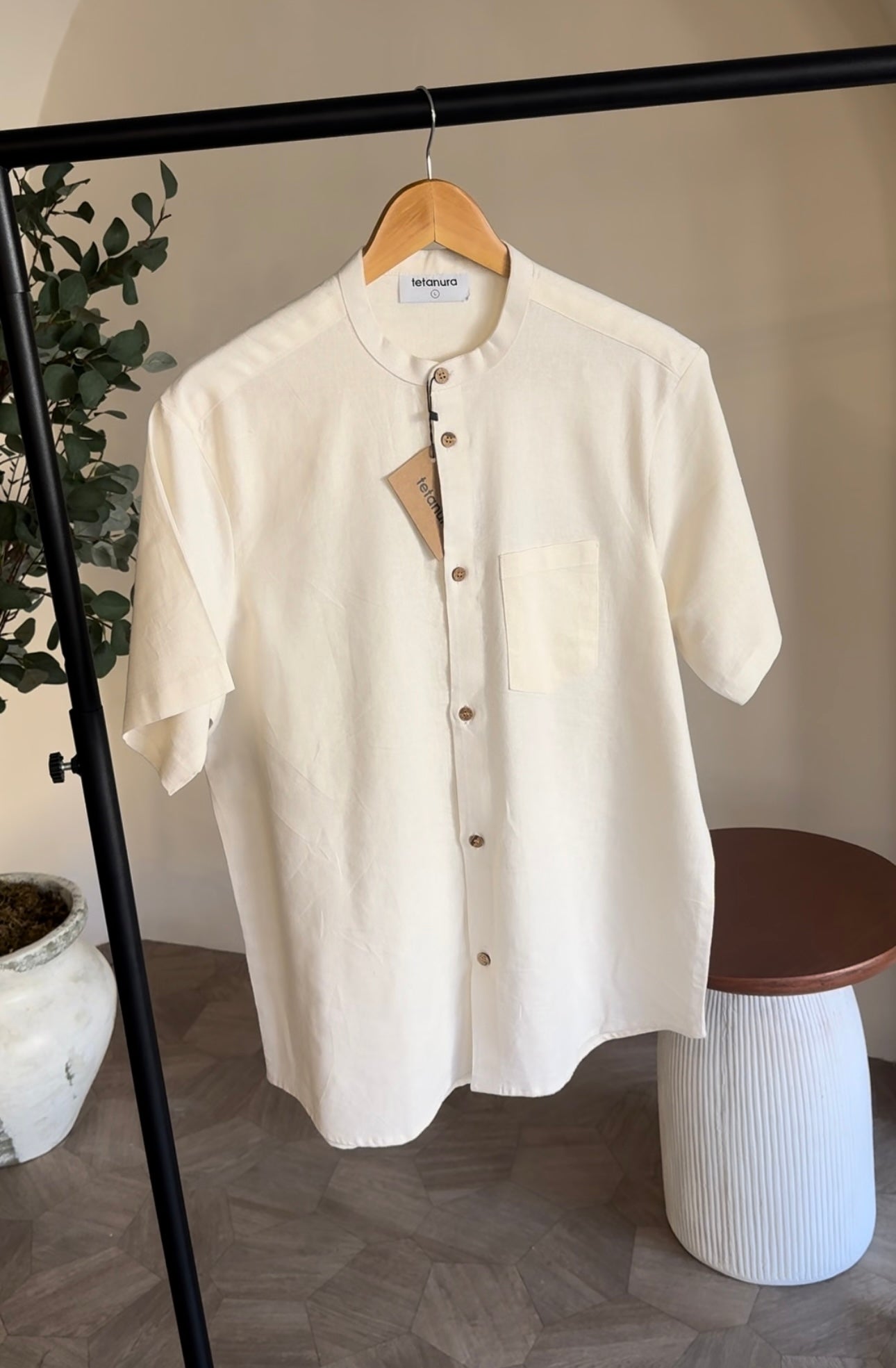 Band collar shortsleeve linen shirt (7 COLORS)