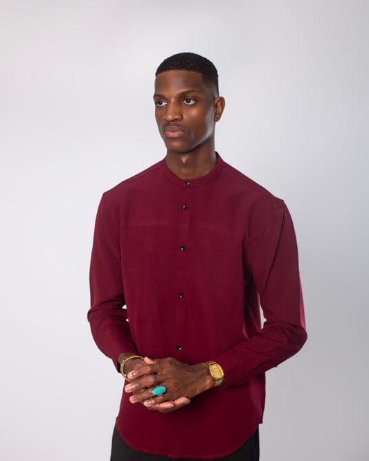 Oxblood band collar long sleeve shirt