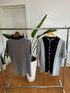 Black grey white stripe knit shirt