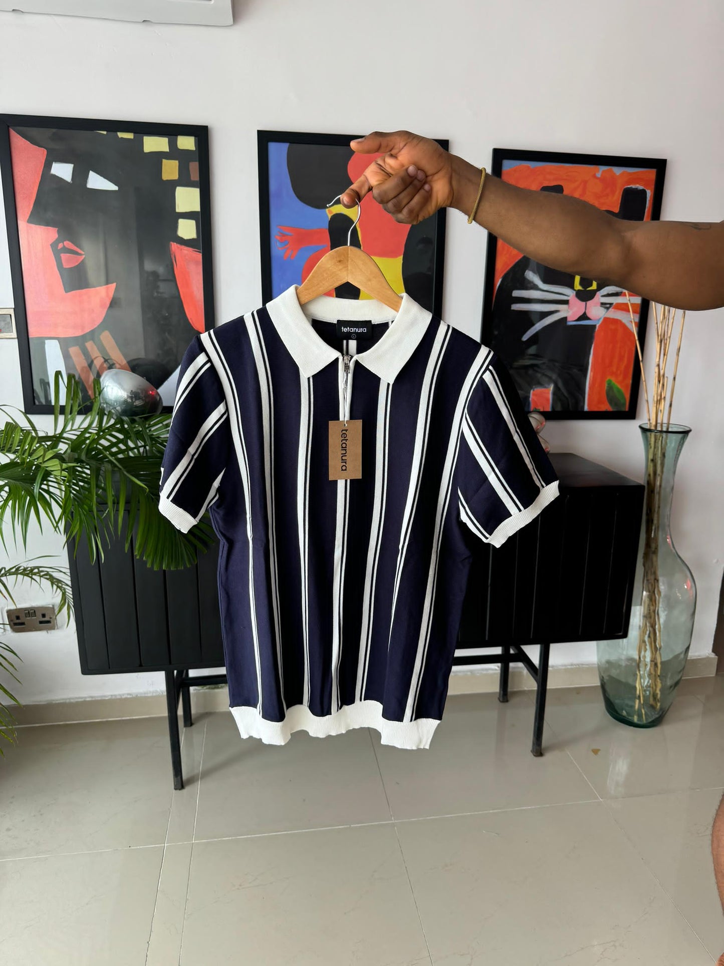 White blue striped zip up knit shirt