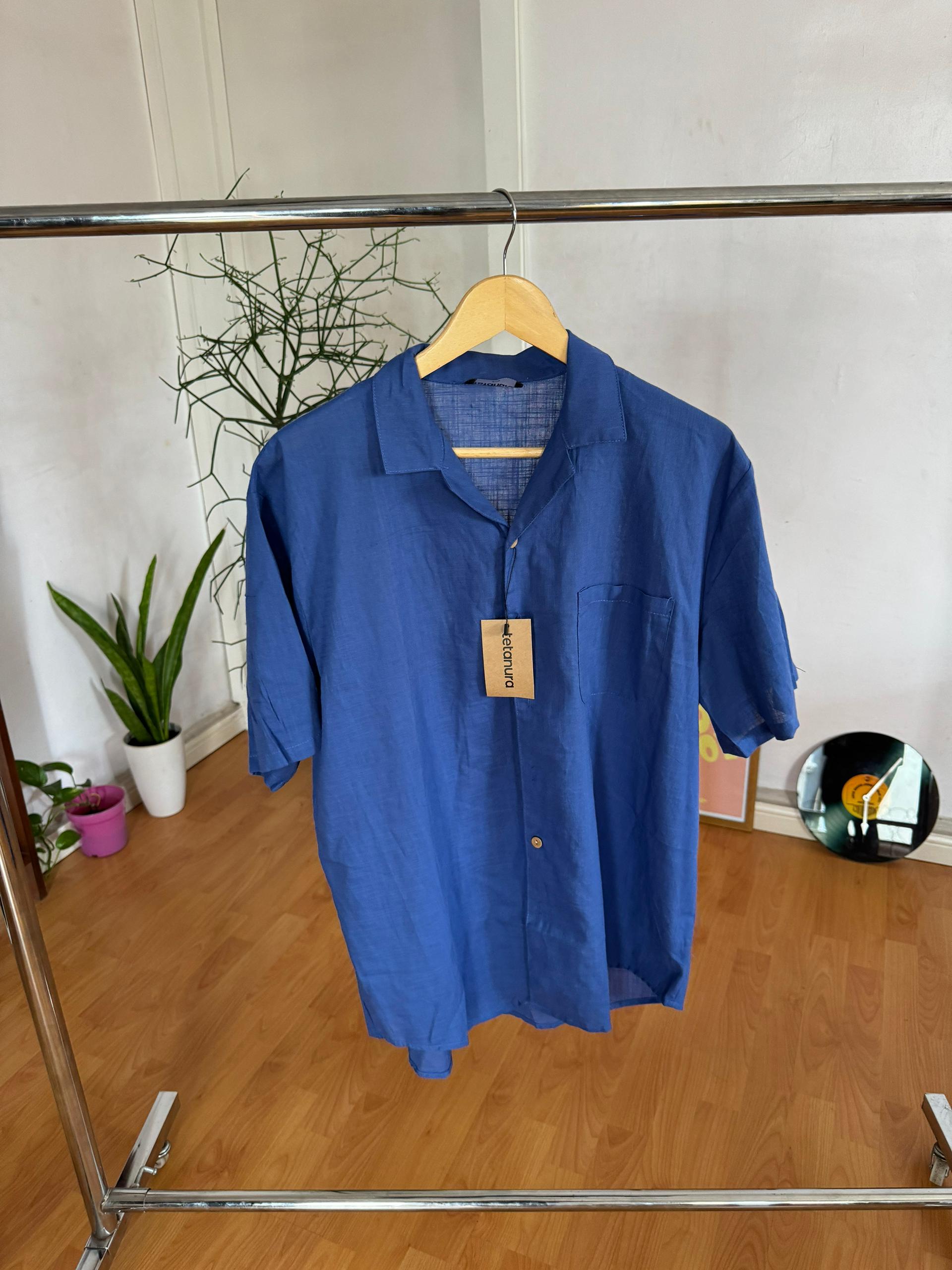 Blue oversized Cuban style light linen shirt