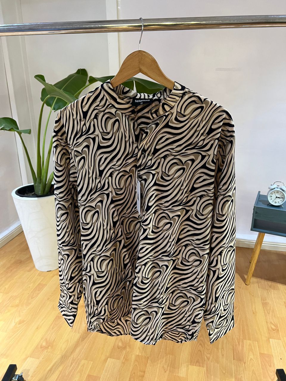 Brown cream black abstract long sleeve shirt