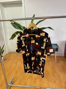 Cream brown black block print shirt