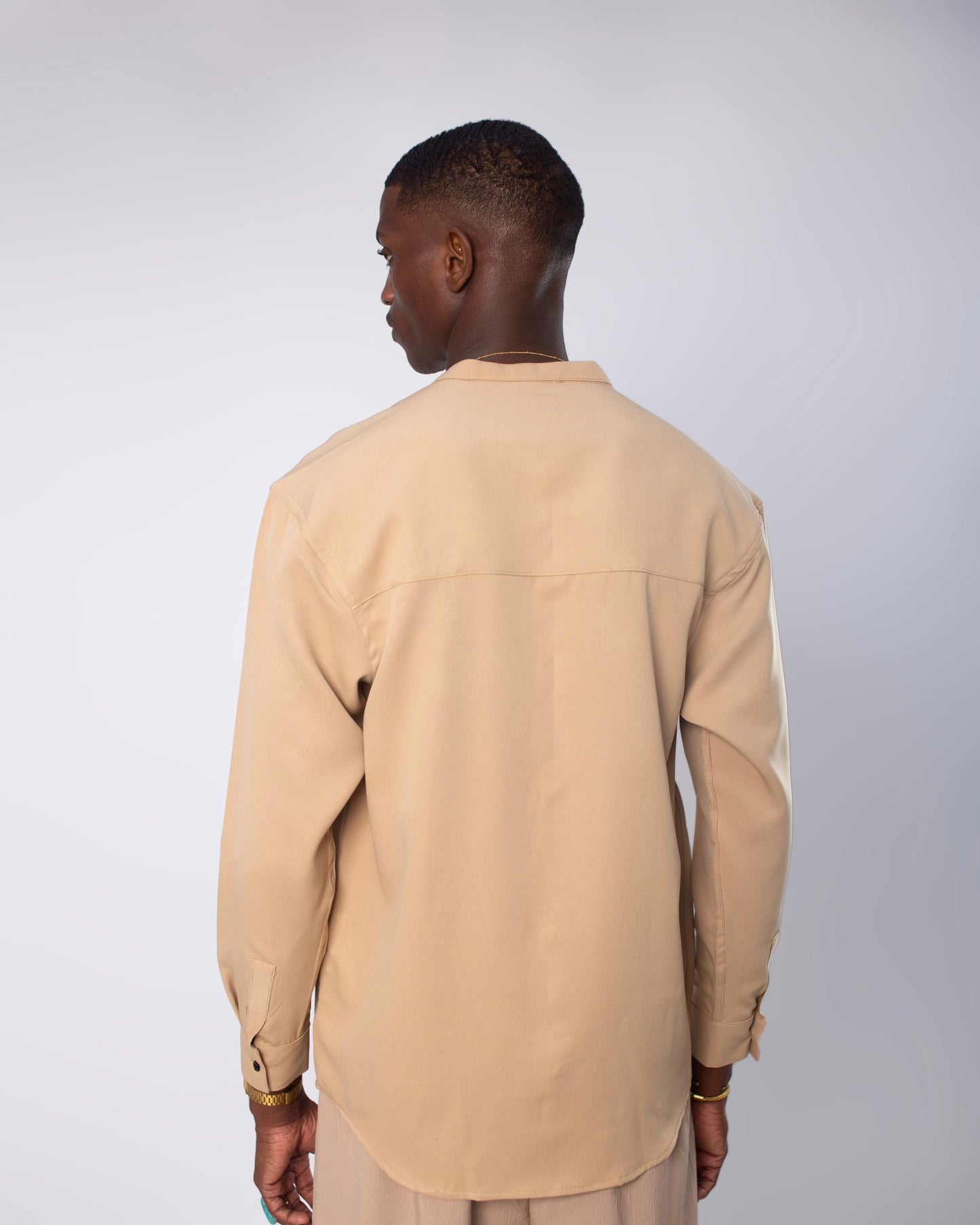 Beige band collar long sleeve shirt