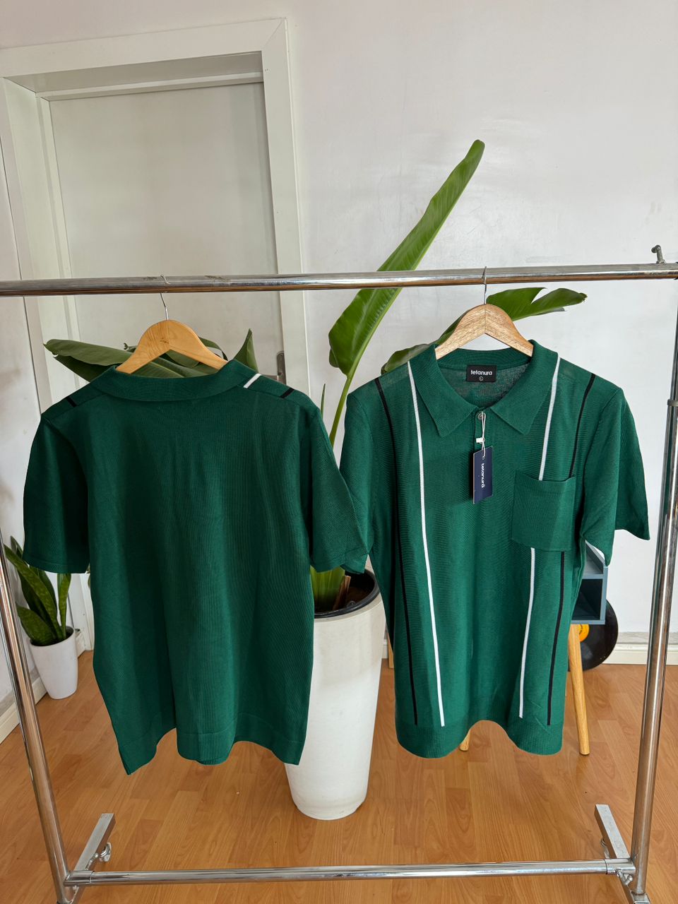 Green white knit shirt