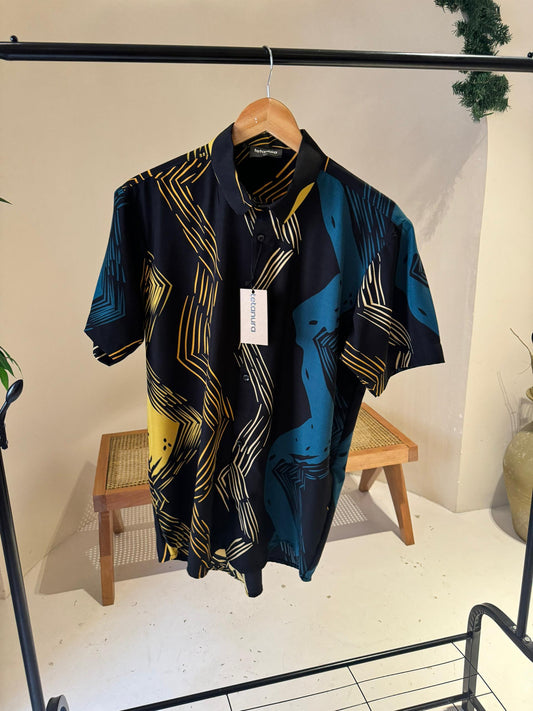 Black yellow blue zig zag print shirt