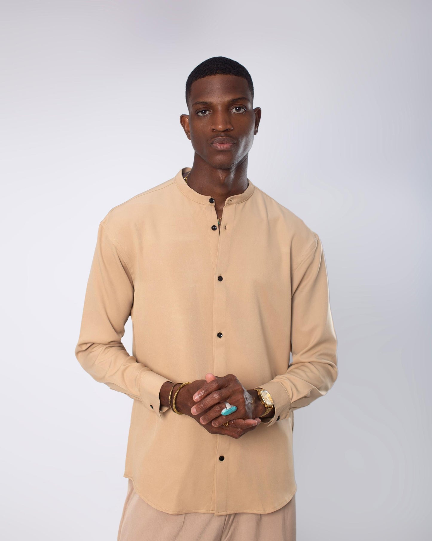 Beige band collar long sleeve shirt