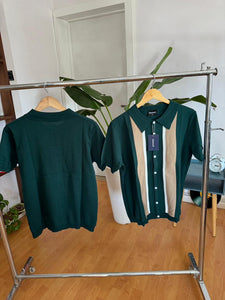 Green brown white knit shirt