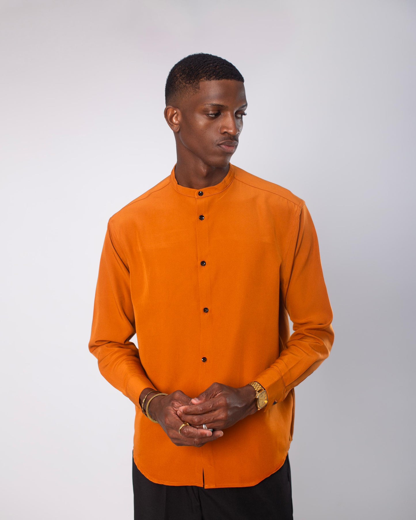 Burnt orange band collar long sleeve shirt