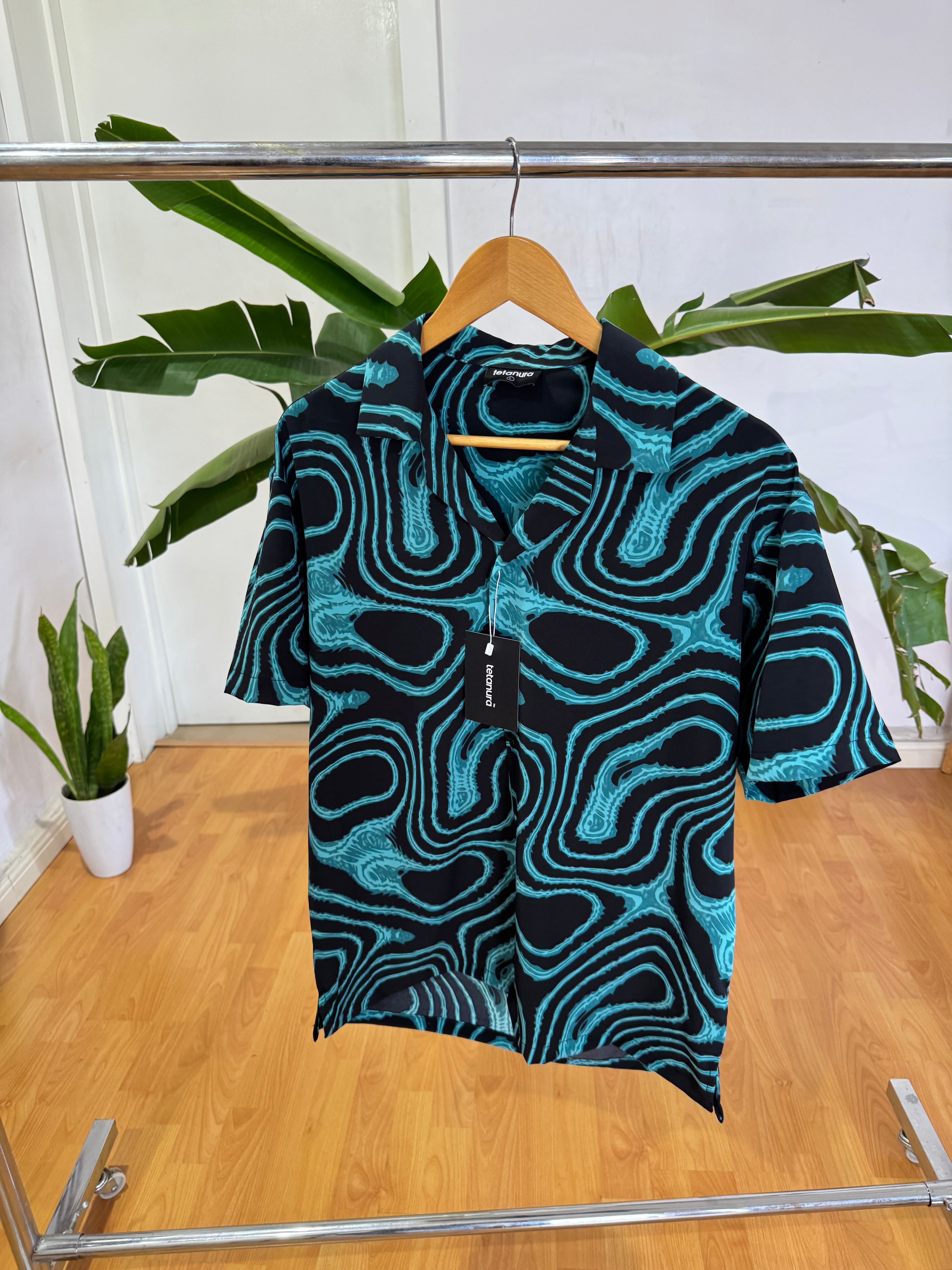 Blue black abstract print shirt