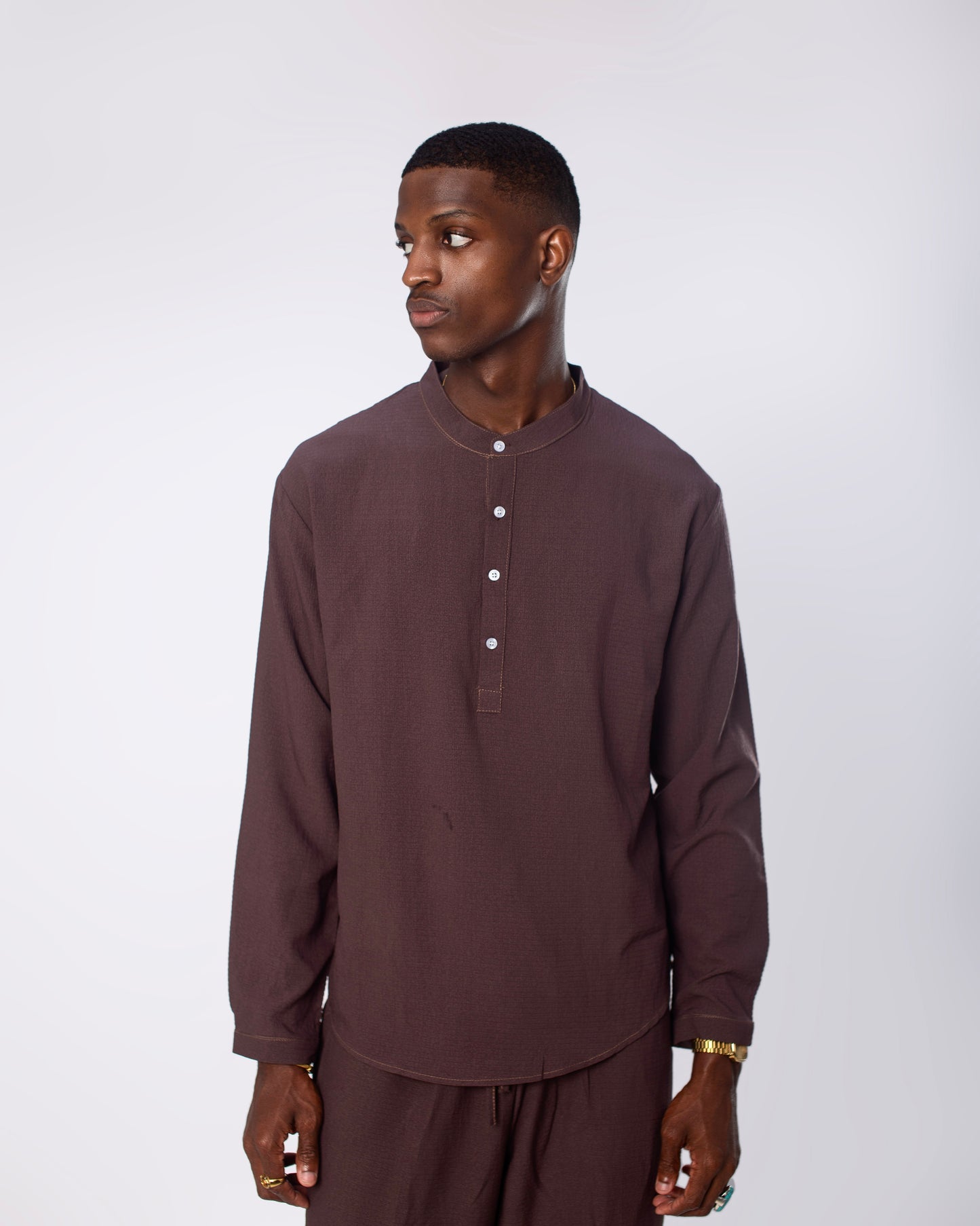 Coffee brown long sleeve button free set