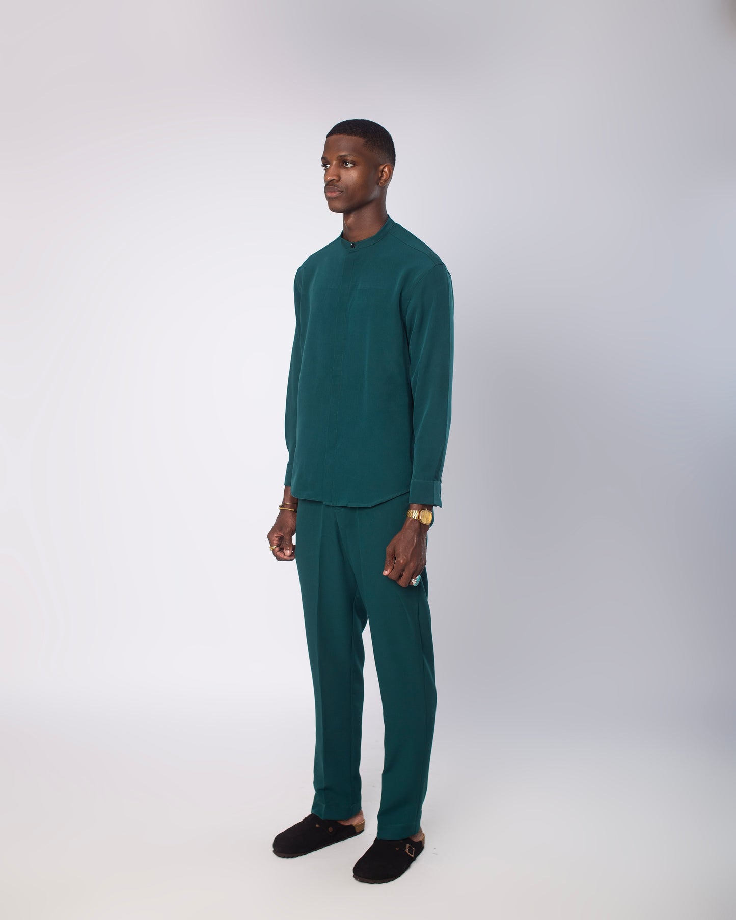 Green invisible button long sleeve set