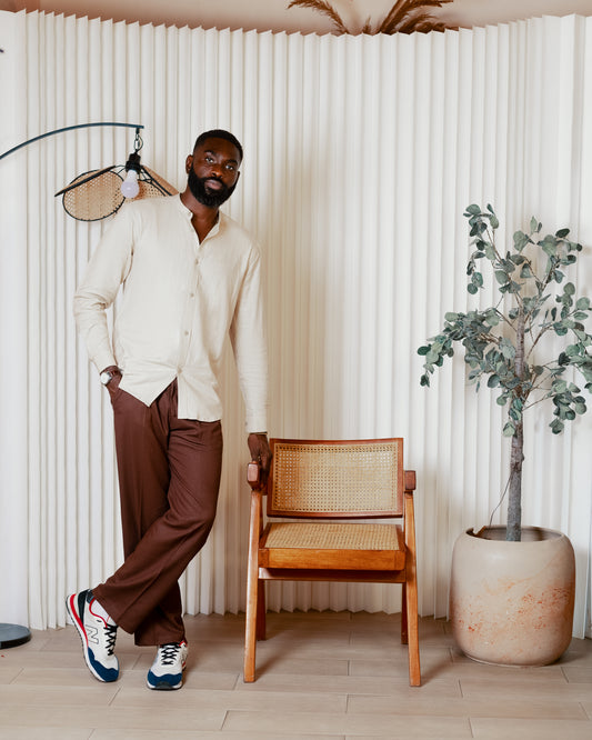 Off white long sleeve linen shirt x brown linen pants