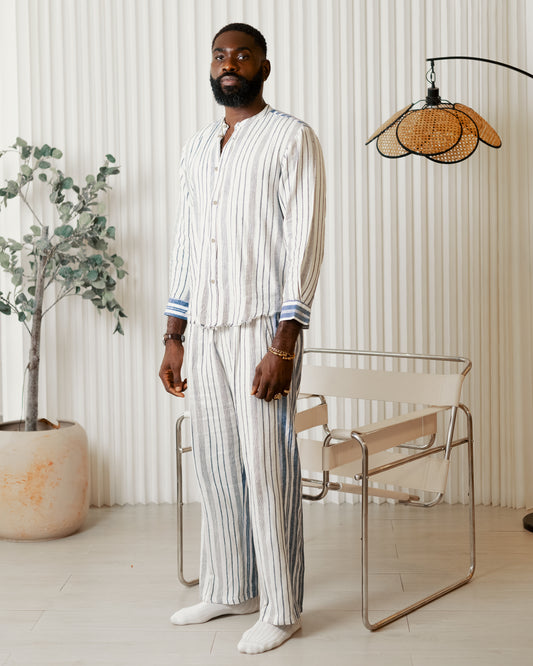 White blue grey stripe linen set