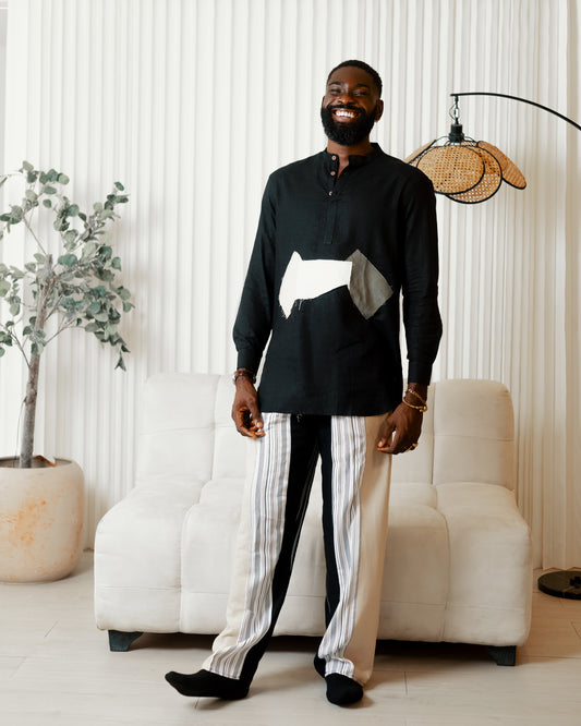 Black African patch long sleeve shirt x black grey brown stripe linen pants