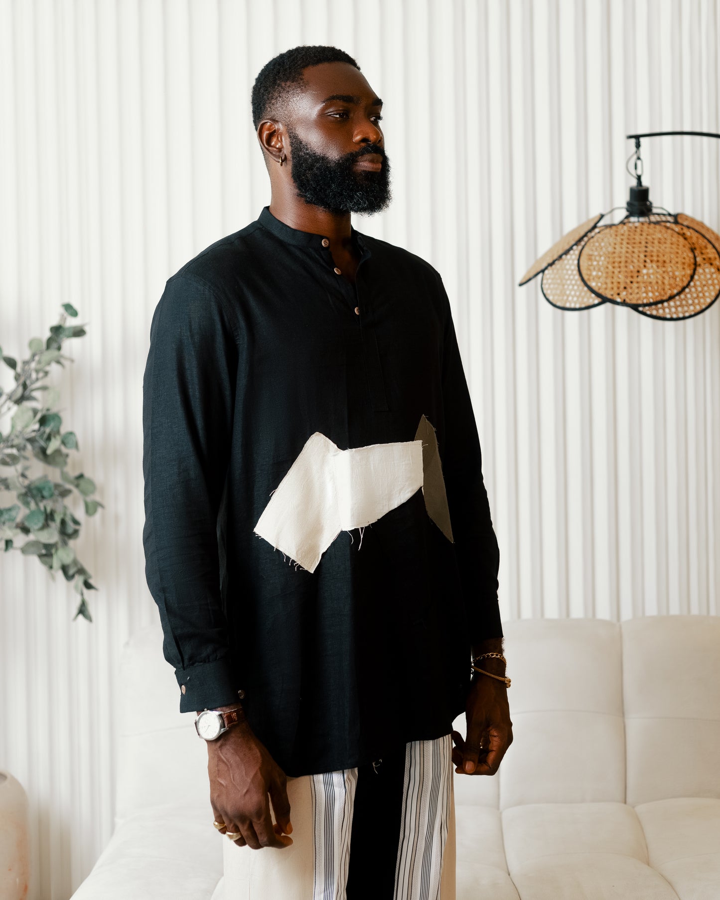 Black African patch long sleeve shirt x black grey brown stripe linen pants