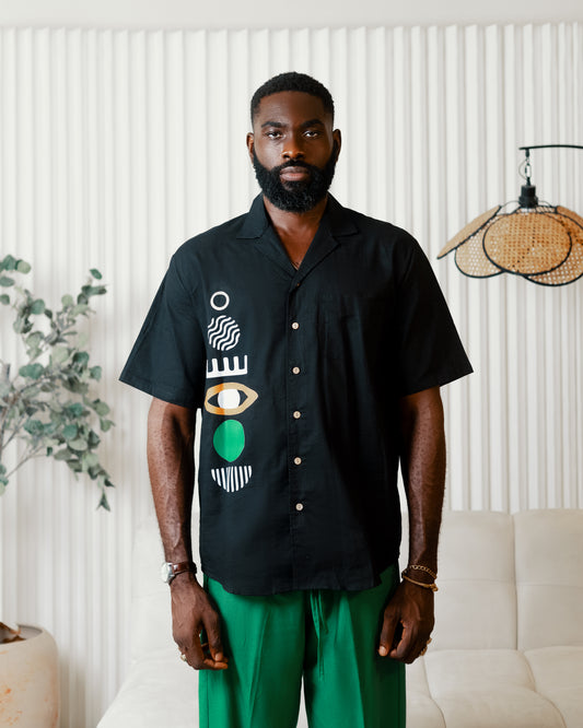 Black boho art short sleeve shirt x green linen pants