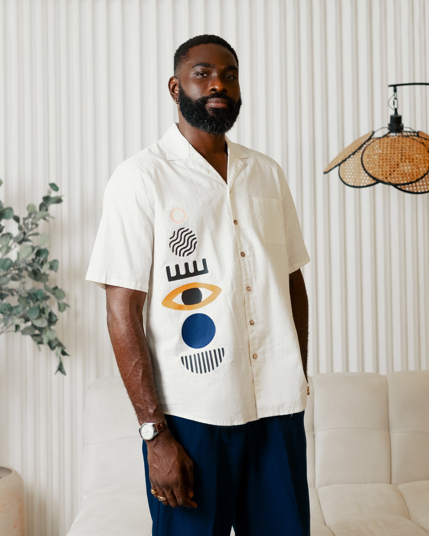 White boho art short sleeve shirt x blue linen pants