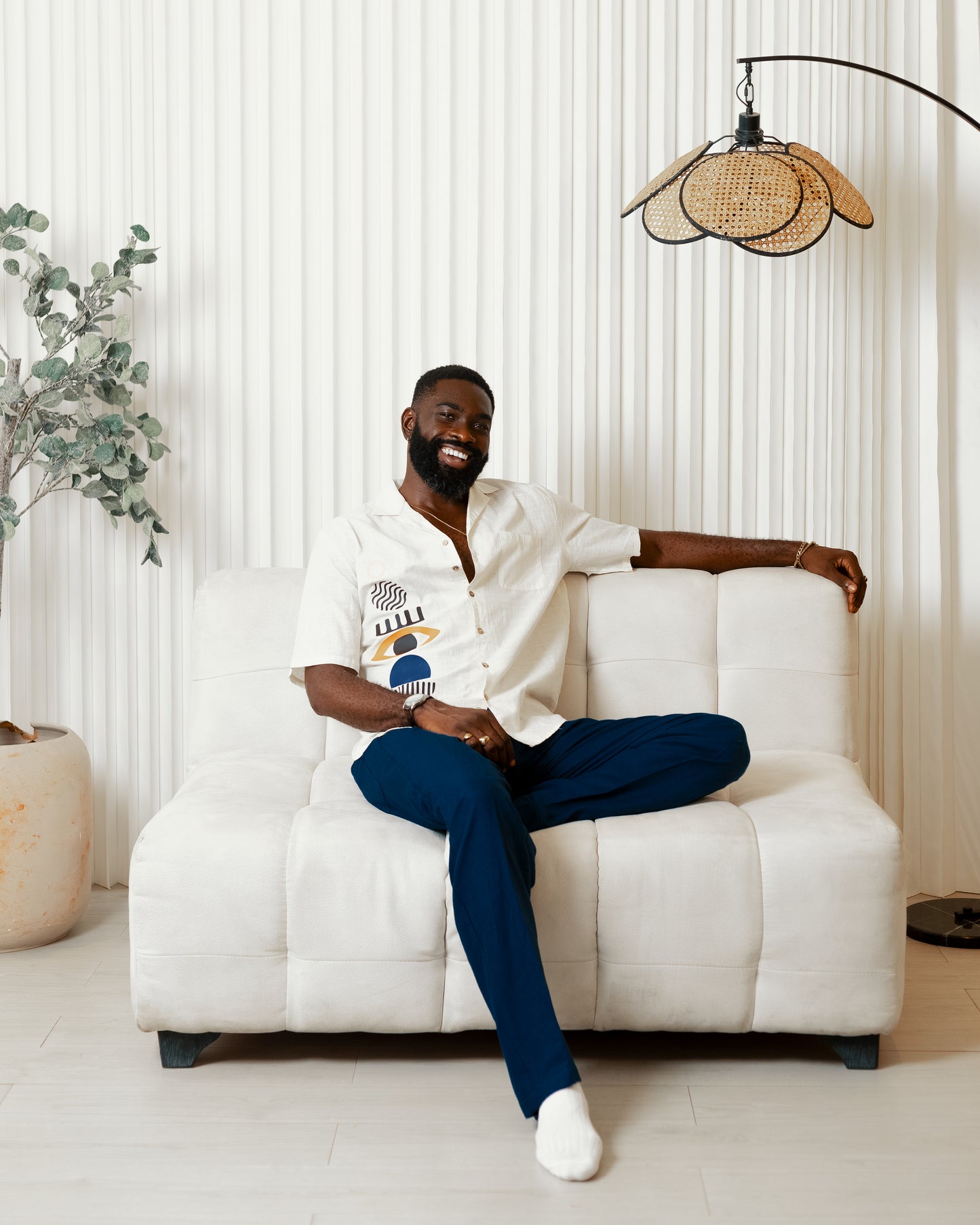 White boho art short sleeve shirt x blue linen pants